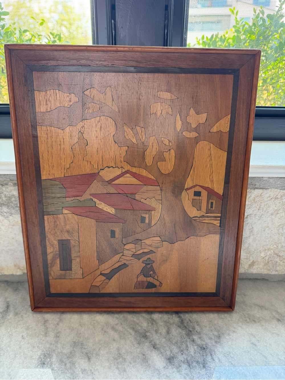 1970’s Handcrafted Wood Marquetry Wall Art in Brown and Red